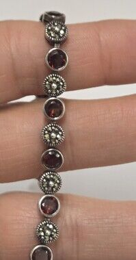 925 Sterling Silver Garnet Station Bracelet - Red Gemstone Link